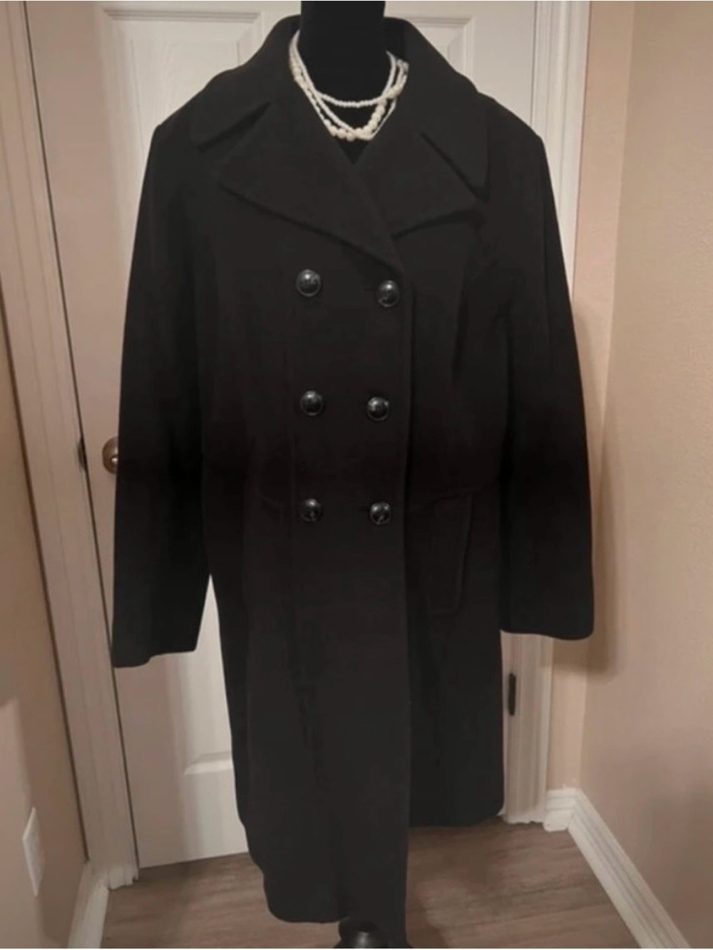 Anne Klein Black Double-Breasted Wool Trench Coat